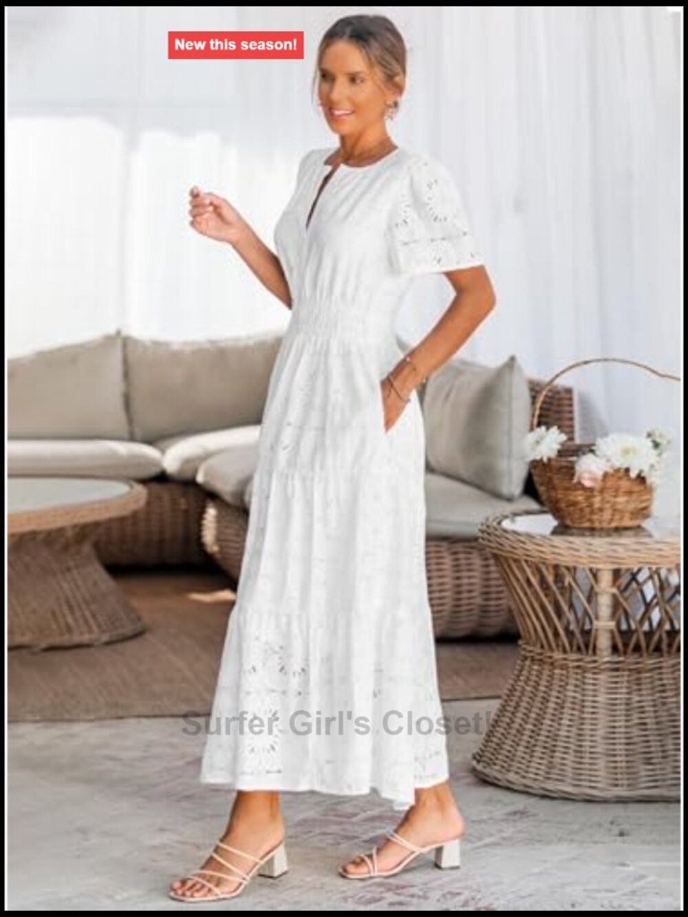 Flowy Eyelet Lace Maxi Dress Women Boho Casual Short Sleeve - Picture 5 of 7